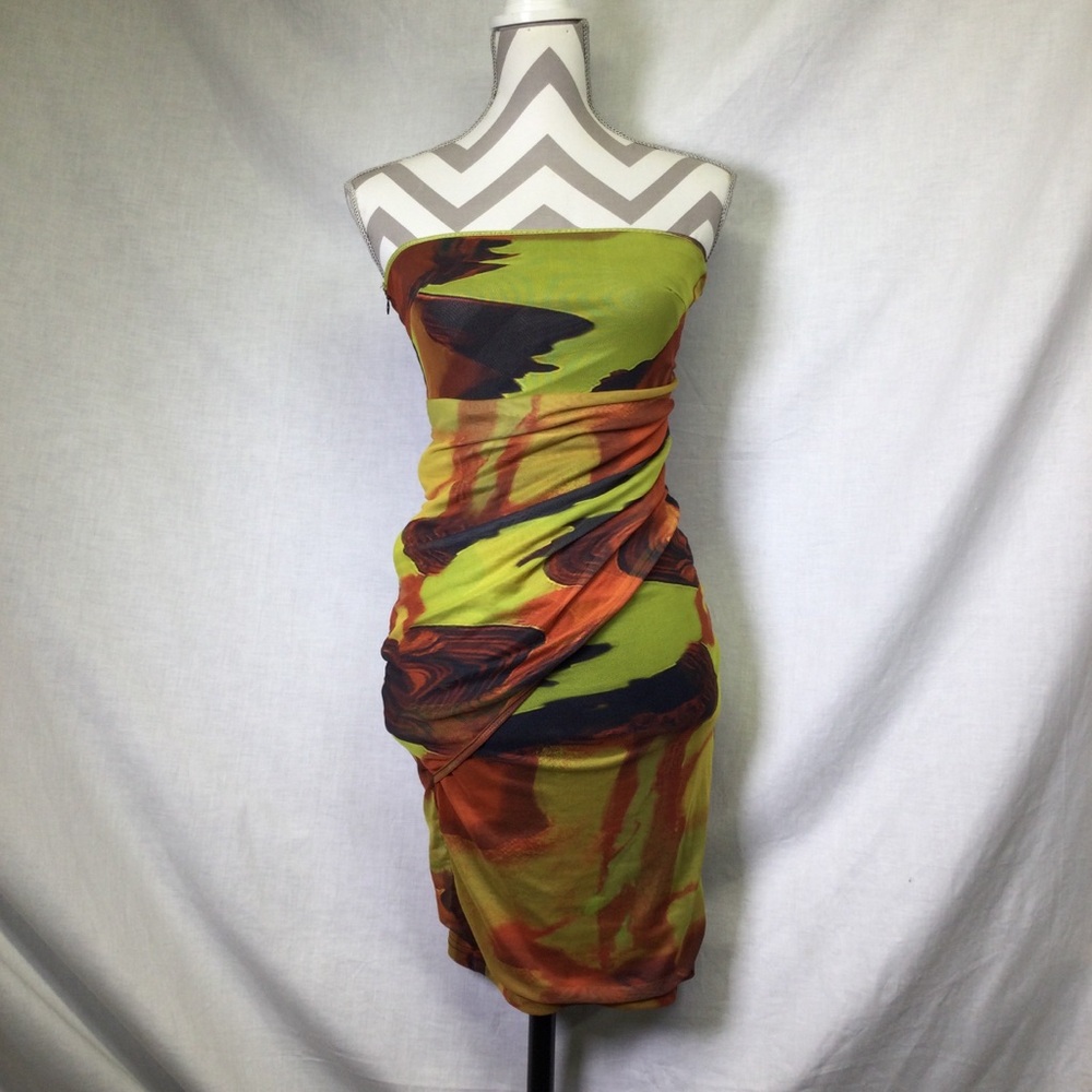 Shein Womens Strapless Gathered at Waist Dress Yellow Rust Orange, Sz S